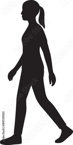 Silhouette of Purposeful Journey: A stark silhouette portrays a female figure in mid-stride, captured in the act of walking. Her determined gait symbolizes progress and embarking on a journey.