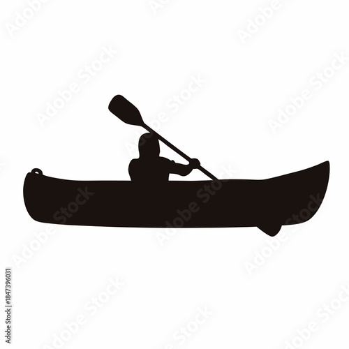 Silhouette of a person paddling a canoe on a white background
