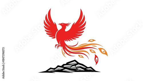 Majestic Red Phoenix Rising From Mountains Symbolizing Rebirth and Power.