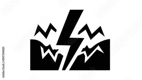 Black lightning bolt striking jagged mountains with energy bursts.