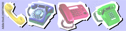 Set of telephone landline Halftone Dotted Collage Element Pointillize in Paper Torn vector for retro art. Ideal for vintage communication designs.