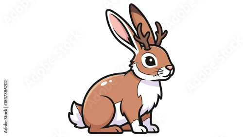 Cute cartoon jackalope with antlers and fluffy tail sitting.