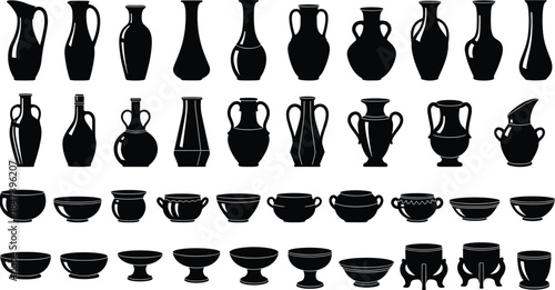 Ancient Greek and Roman Pottery Vases, Jugs, and Bowls Silhouette Vector Illustration Set for Historical and Archeology Design Resources