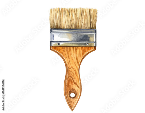 Watercolor image of a traditional paint brush with wooden handle, isolated
