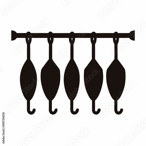Five stylized butcher's hooks hanging from a rod, simple and elegant