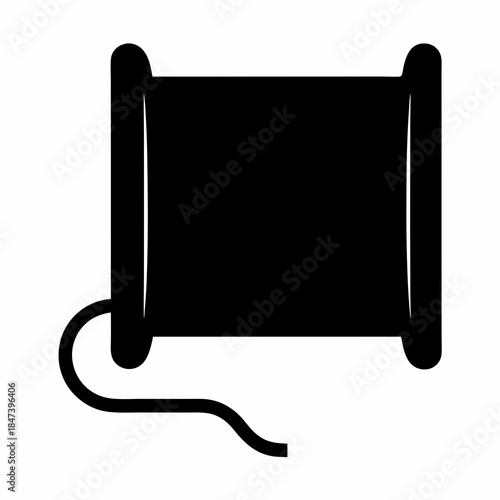 A silhouetted thread spool illustration, indicating sewing, crafting, and textile work