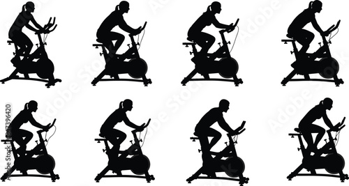 Black Silhouettes of Fit People Exercising on Stationary Spin Bikes, Representing Cardio Fitness, Indoor Cycling Workout, and Healthy Active Lifestyle Vector Illustration