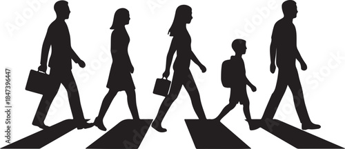 Silhouette Crossing: A diverse group of people of varying ages strides purposefully across a pedestrian crossing, each with their own unique style. This image conveys a sense of unity, journey.