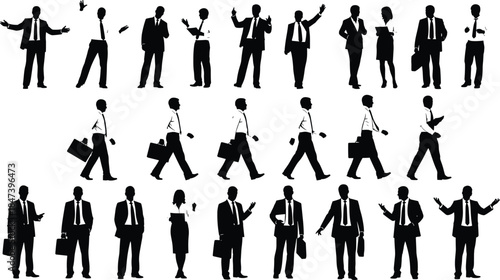 Business People Silhouette Vector Set: Diverse Men and Women in Professional Attire, Walking, Posing, and Gesturing for Corporate and Teamwork Concepts