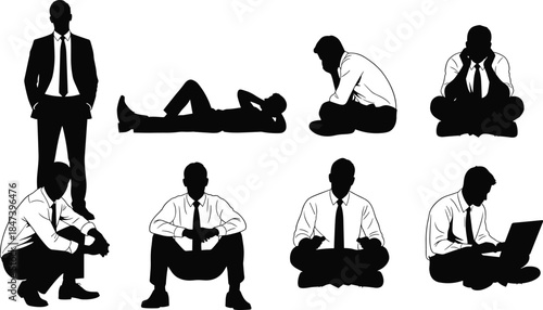 Business man silhouette vector set, various poses: standing, lying down, squatting, sitting, thinking, working on laptop, representing corporate diversity and professional lifestyle concept.