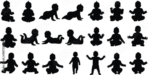 Collection of Baby Silhouettes Showing Various Developmental Poses: Sitting, Crawling, Lying on Tummy, and Standing, Ideal for Childcare, Growth Stages, and Early Years Content