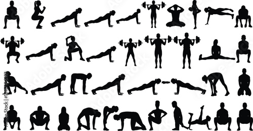 Collection of men and women doing various bodyweight and weightlifting exercises in silhouette, including squats, planks, yoga, and stretching for fitness, gym, and workout concepts.