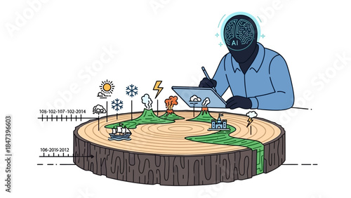 Person designs a miniature world on a tree stump with digital tablet.