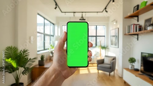 Hand Holding Smartphone with Green Screen in Modern Apartment