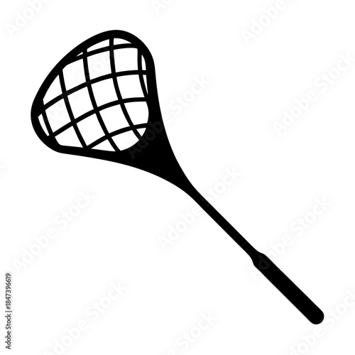 Black and white graphic illustration of a bug catcher net tool