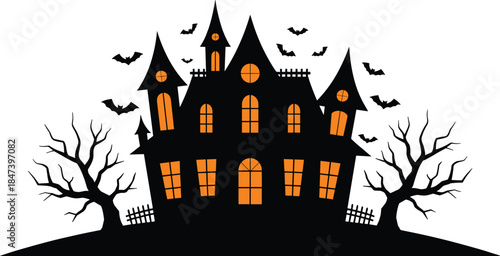 Haunted Halloween mansion silhouette with glowing windows, flying bats, spooky gothic castle, dark night horror flat vector illustration design artwork