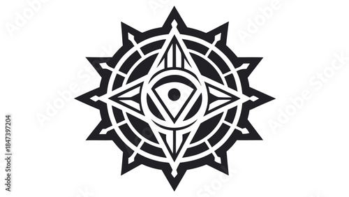 Intricate black and white mandala design with eye symbol