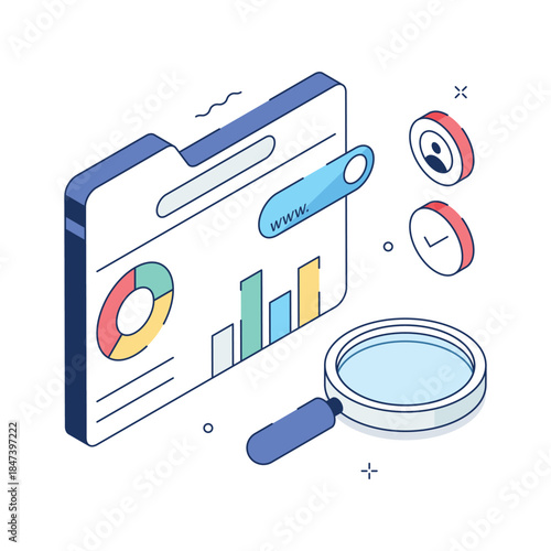 A captivating isometric illustration of web analytics in editable style