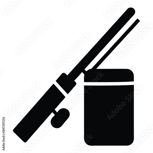 Icon representing fishing rod and a tackle box on a white background