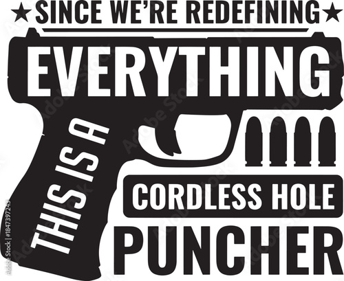 Black and white typographic design of a cordless hole puncher