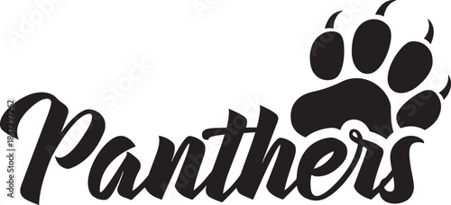 Black panther logo with paw print and word panthers in cursive font