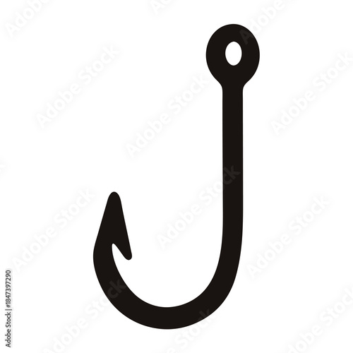 A simple black silhouette of a fishing hook with a sharp point