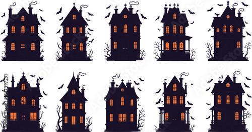 Haunted Halloween house silhouette set with glowing windows, spooky gothic mansions, bats, night horror architecture flat vector illustration collection design