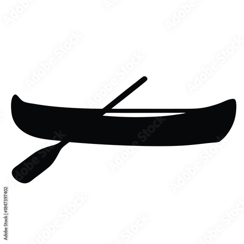 Simple black silhouette of a canoe with paddles against white background