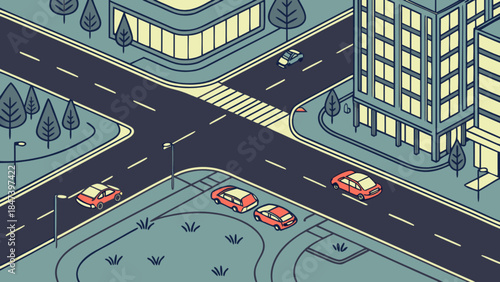 Isometric city intersection with cars and buildings a busy urban crossroads illustration for transportation and city planning concepts