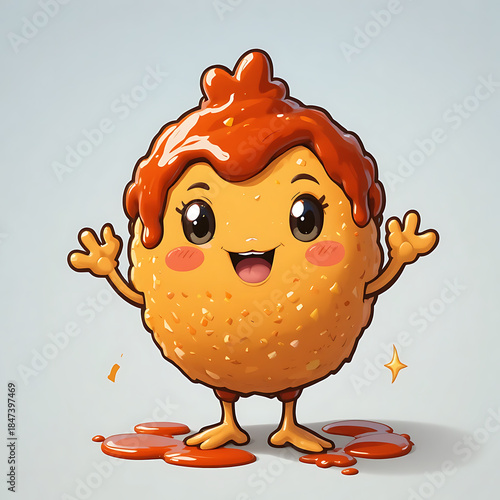 Cute Cartoon Chicken Nugget Food Character Covered in BBQ Sauce	
