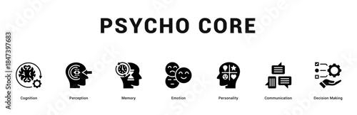 Psycho Core Modern and clean web banner illustration featuring thematic icons for visual communication