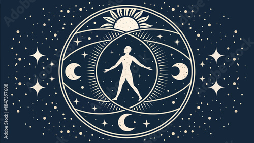 Vibrant cosmic illustration of a person in harmony with celestial bodies