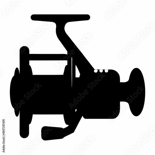 Detailed black and white silhouette image showcasing a fishing reel apparatus