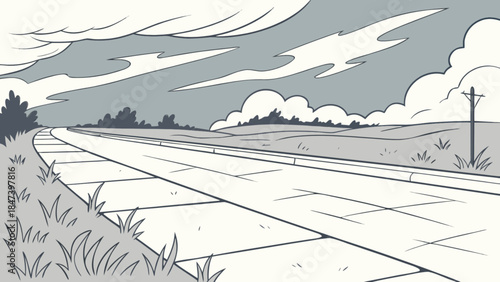 Empty asphalt road curving through a rural landscape with clouds in the sky a vintage illustration for travel and journey concepts