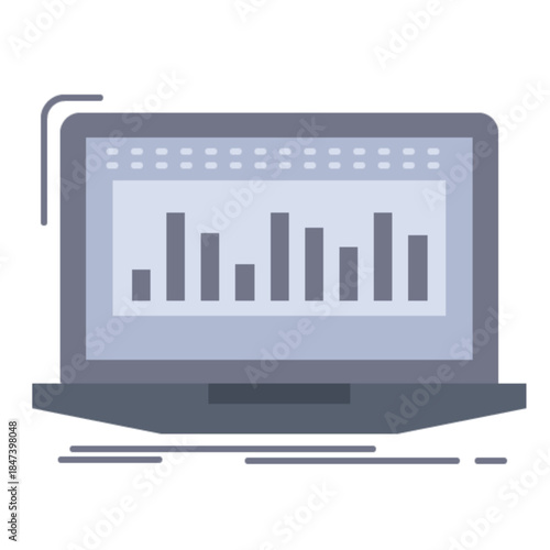 Digital Data Analysis: An illustration of a laptop displays graphical data, signifying technological processes. This image represents data analytics and business intelligence.