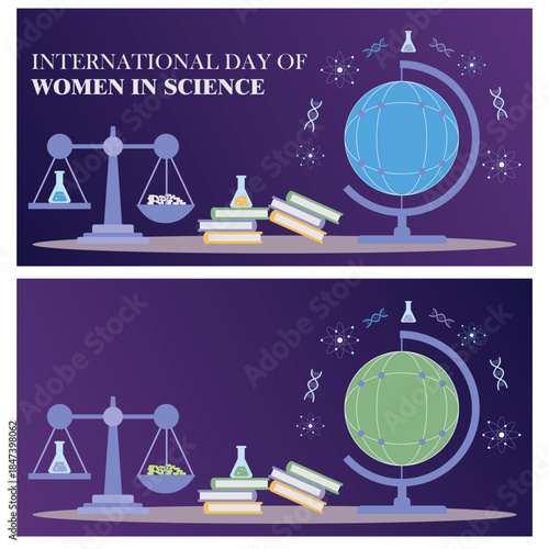 Flat vector illustration representing the International Day of Women and Girls in Science, The design highlights the importance of gender equality, inclusion, and equal access to STEM education