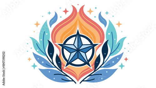 Vibrant star symbol surrounded by colorful leaves and sparks
