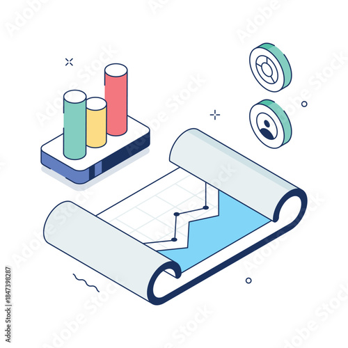 An eye catching isometric illustration of business performance, business progress indicators