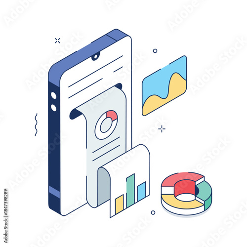 A handy isometric illustration of mobile data report, ready to use vector