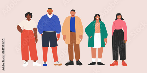 A diverse group of people standing together in fashionable casual clothing