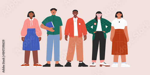 A diverse group of five people standing together in colorful casual clothing