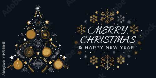 A festive christmas tree illustration with golden ornaments and sparkling winter details