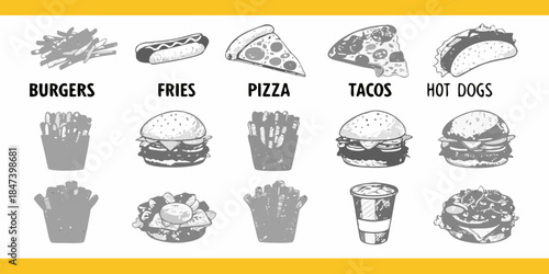 A monochrome illustration showcasing various fast food items and meal options