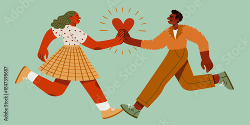 Couple running towards each other with a heart between their outstretched hands