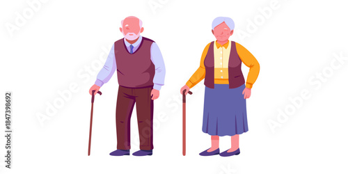 An illustration depicting an elderly couple standing with walking sticks