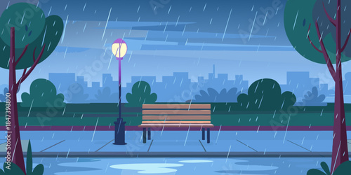 A rainy evening in the park with a lone bench and city skyline