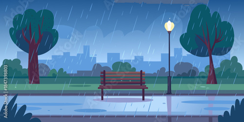 Rainy park scene with a city skyline and a lonely park bench