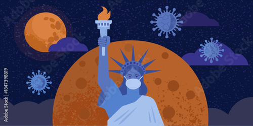 Statue of liberty wearing mask with virus and moon illustration
