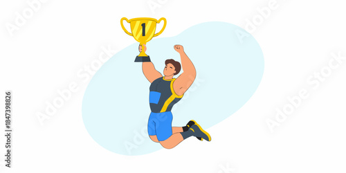 A victorious athlete celebrates a win with a golden trophy held high