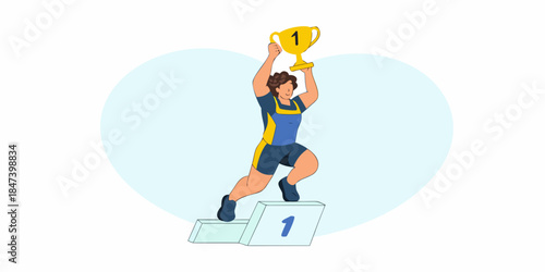 A victorious athlete celebrates winning first place with a golden trophy
